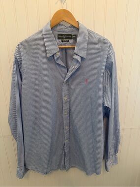 Ralph Lauren Blue and White Striped Button-Down Shirt with Pink Pony